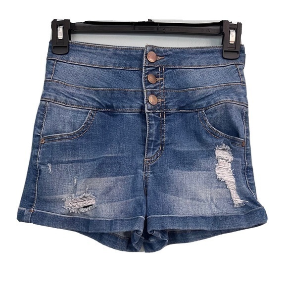 Tinseltown Jean Shorts Cuffed Button Fly Distressed Ripped Size 0 Waist 23” - Picture 1 of 2